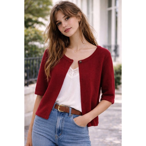 Talbots Sweaters - VTG 90s Talbots Cardigan Shrug Sweater XL Lambswool Short Sleeve Red Bolero